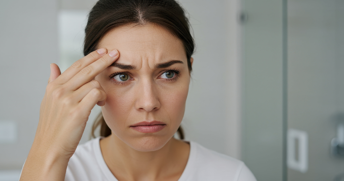 Woman examining frown lines on her forehead in in Erie, CO