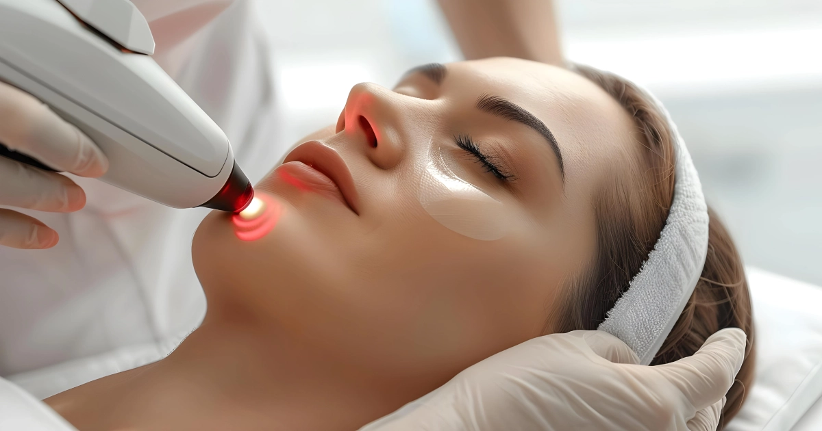 Woman receiving a CoolPeel in Erie, CO above her upper lip and jawline in a bright med-spa setting, with protective eye pads and a white headband.