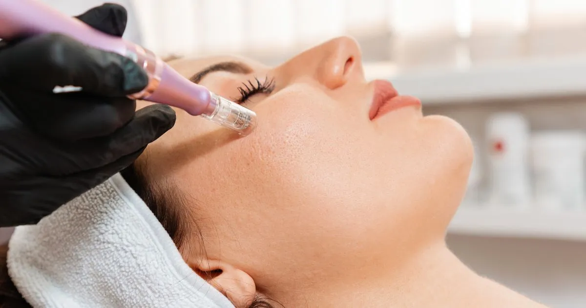 A young woman receiving a Microneedling facial treatment in Erie, CO