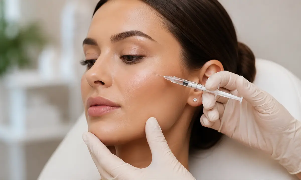 Young woman receiving a Sculptra in a highlighting a non-surgical facial rejuvenation treatment at Uptown Medical Aesthetics