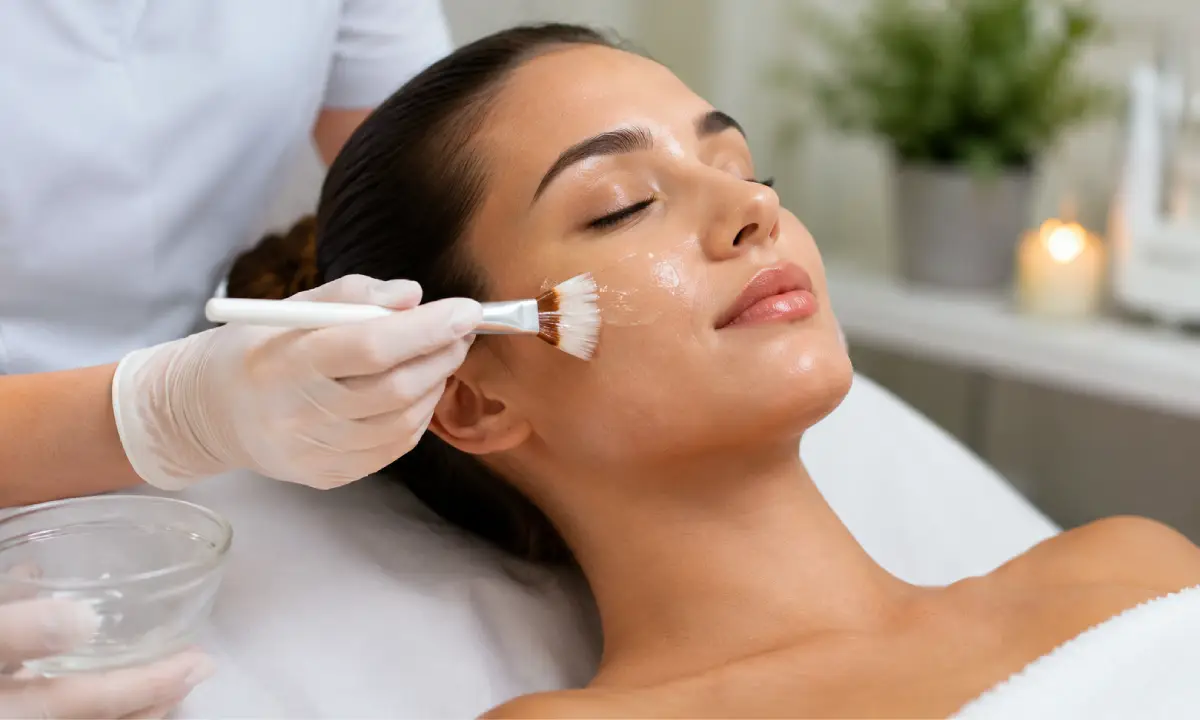 Chemical peel treatment on a woman’s face at a Uptown Medical Aesthetics in Erie, CO
